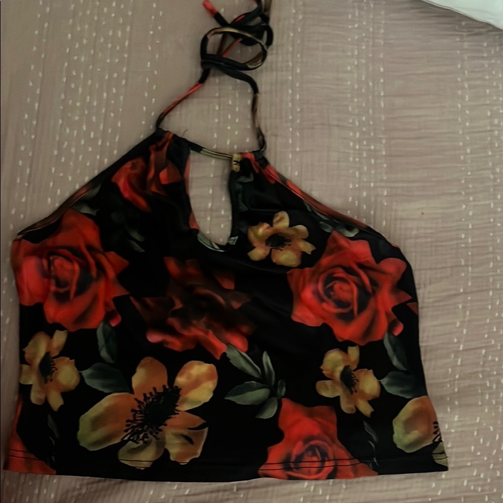 Floral Halter Neck Top - Black and Red